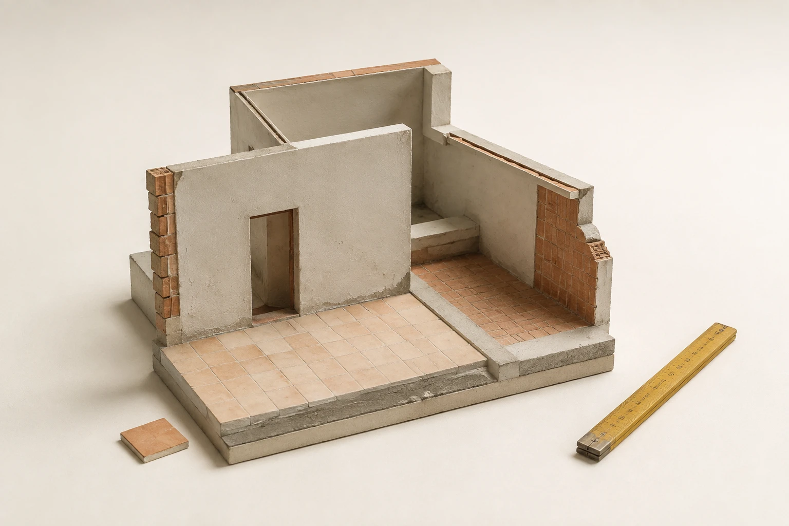 Maqueta conceptual con paredes de ladrillo y revoque, piso cerámico y regla de obra