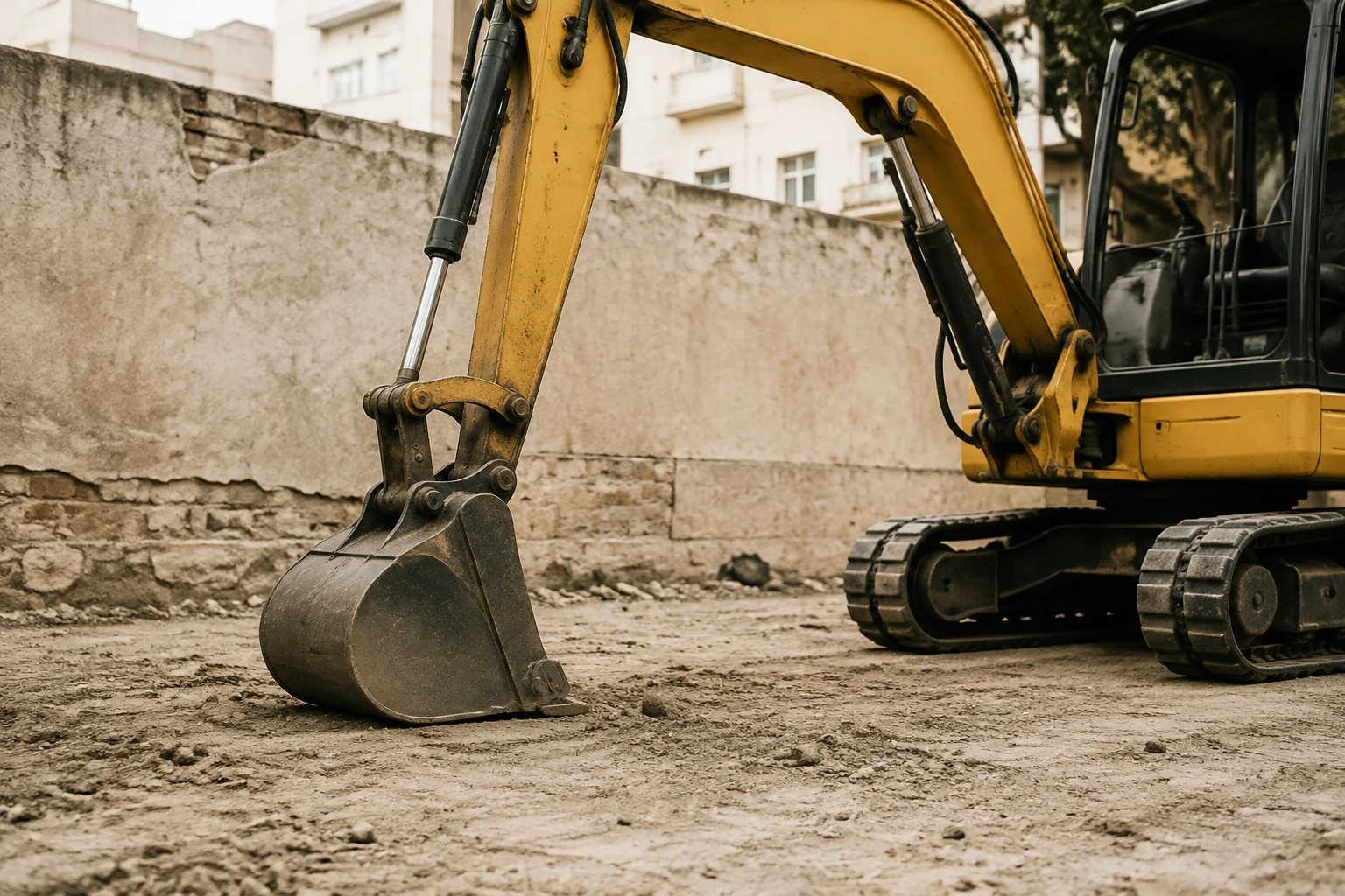 Pala de una excavadora compacta apoyada sobre el terreno