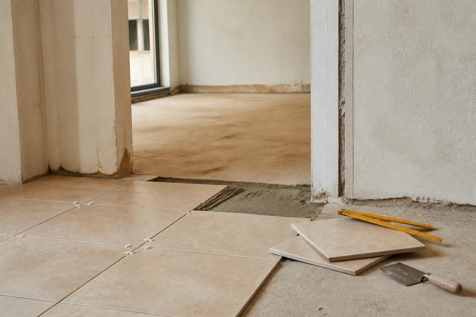 Piso cerámico en colocación durante una reforma interior
